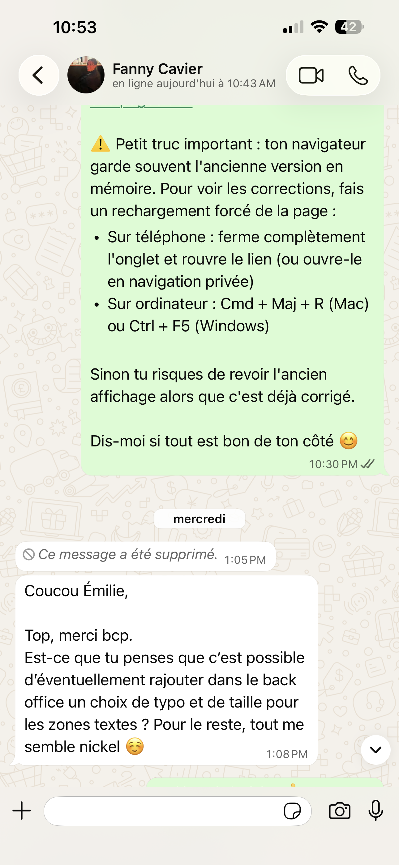 Retour WhatsApp de Fanny Cavier : « Top, merci beaucoup. Pour le reste, tout me semble nickel »