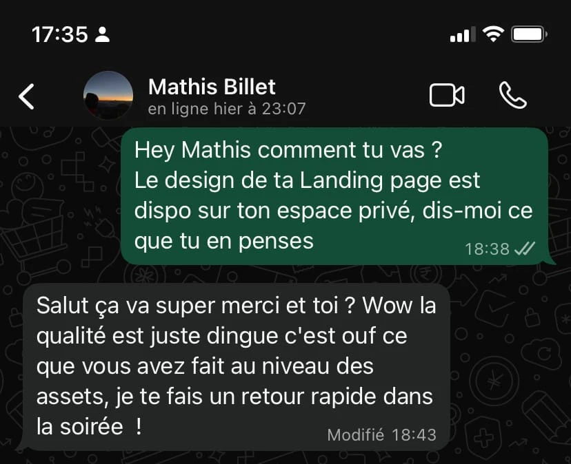 Retour WhatsApp de Mathis B. : « Wow la qualité est juste dingue, c’est ouf ce que vous avez fait au niveau des assets »